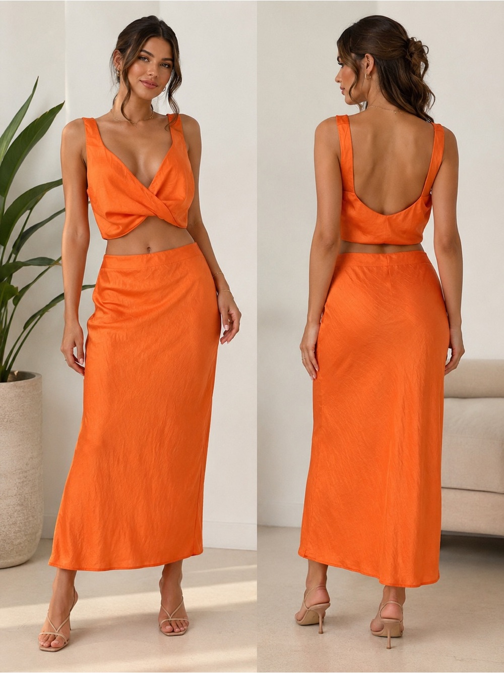 NWT Superdown Orange Two Piece Twist Front Crop Top & Midi Skirt Set Size Small